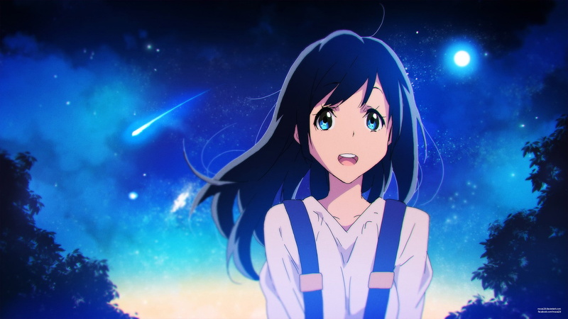 anime girls, black hair, blue eyes, night, stars, Tom Skender, long hair, 1080P, original characters