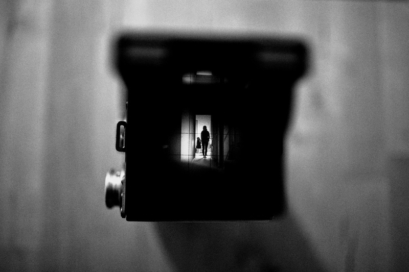 Bed, prison, entrance, camera, mirror, focus on foreground, knob, black and white, indoors, bathroom, door, burglary, walking, untitled, close-up, faucet