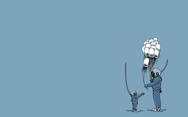 men, jellyfish, simple background, digital art, imagination, diving suits, divers, minimalism, humor, underwater, blue background, children, 720P, balloon