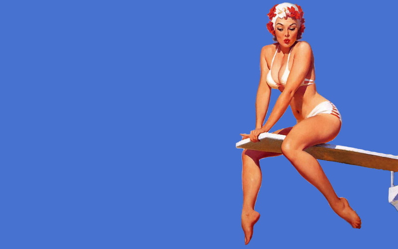board, painting, 720P, swim, artistic, suit, brown, sitting, hd, piece, woman, illustration, diving, two, white