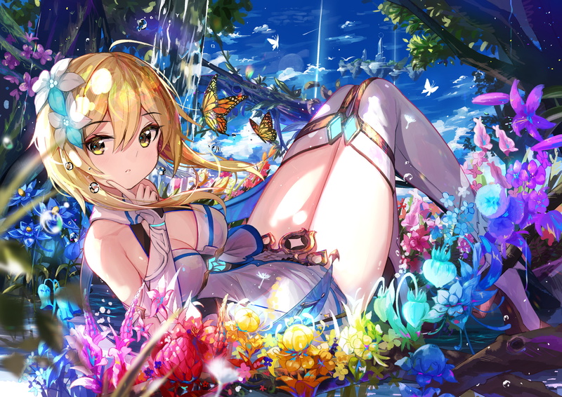 lying on back, legs, anime girls, 4K, blonde, Genshin Impact, colorful, anime, Lumine (Genshin Impact)