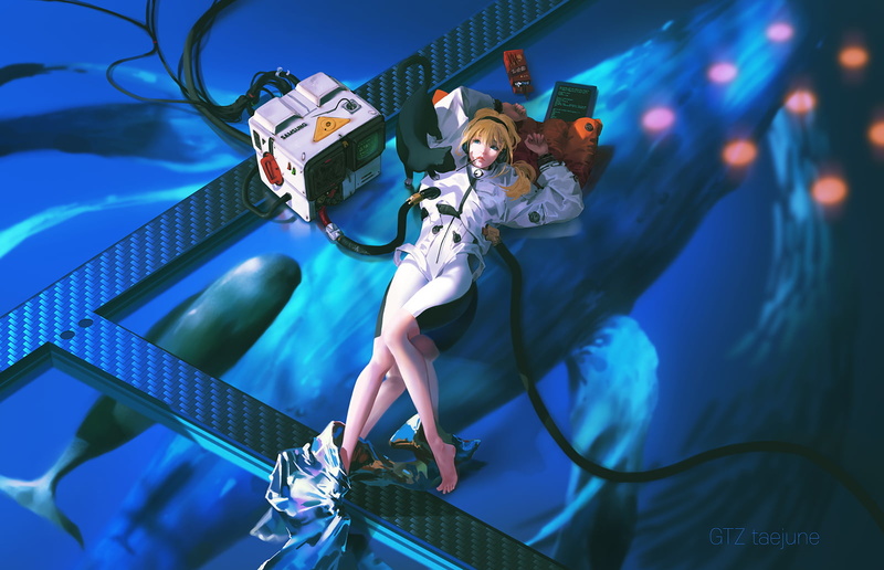 blonde, anime, digital art, blue, fantasy art, artwork, lying on back, barefoot, cats, anime girls, whale, drawing, illustration, women with cat, science fiction