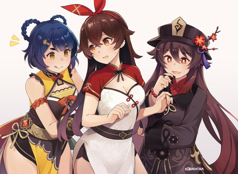 Chinese dress, 1080P, anime girls, Genshin Impact, Amber (Genshin Impact), Xiangling (Genshin Impact), Hutao(Genshin Impact)