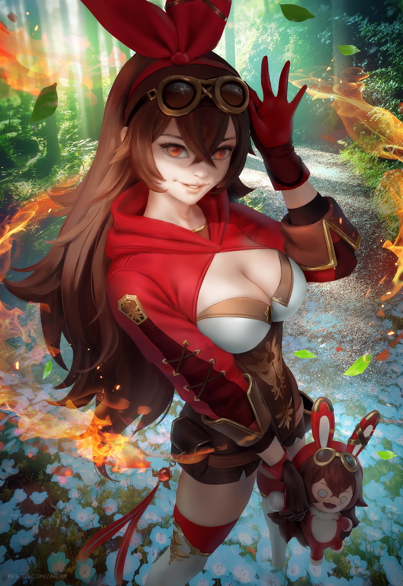digital art, brunette, Amber (Genshin Impact), thigh-highs, drawing, fan art, artwork, illustration, anime girls, cleavage, video games, anime, gloves