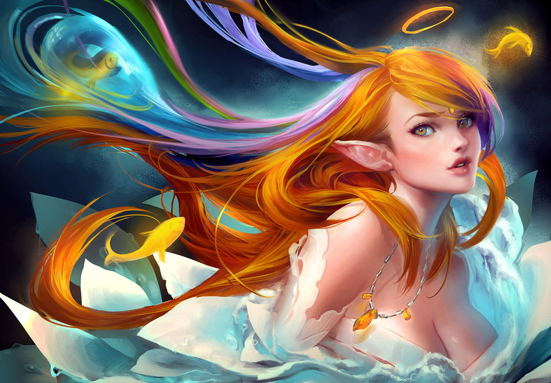 women, girl, studio shot, woman, flowing, young women, 1080P, multi colored, fish, beauty, hairstyle, beautiful woman, dyed hair, redhead, art, orange