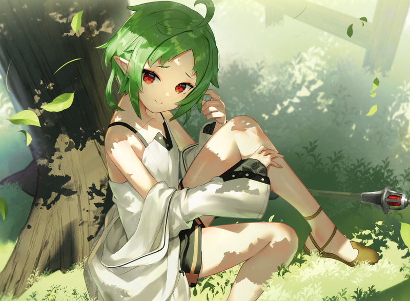 anime girls, green hair, elf ears, Sco_ttie, Mushoku Tensei, short hair, anime, red eyes, Sylphiette, 2K