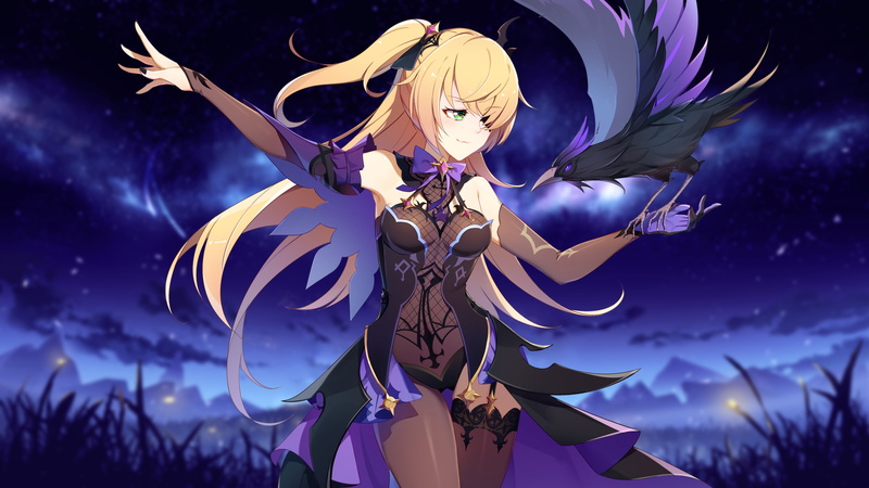 blonde, Fischl (Genshin Impact), Genshin Impact, green eyes, 4K, night, crow, anime girls, twintails