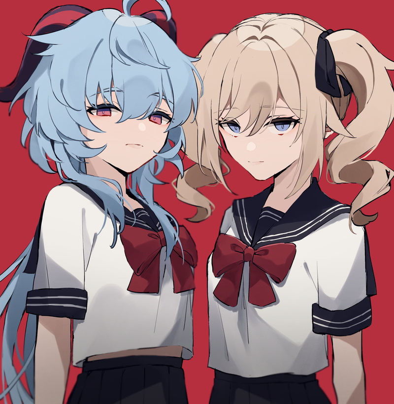 Ganyu (Genshin Impact), Genshin Impact, school uniform, Fischl (Genshin Impact), anime girls, 2K