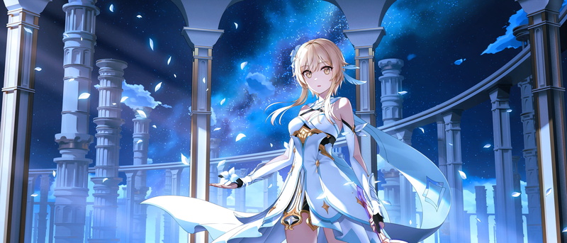 2K, Lumine (Genshin Impact), white dress, ruins, blond hair, Genshin Impact