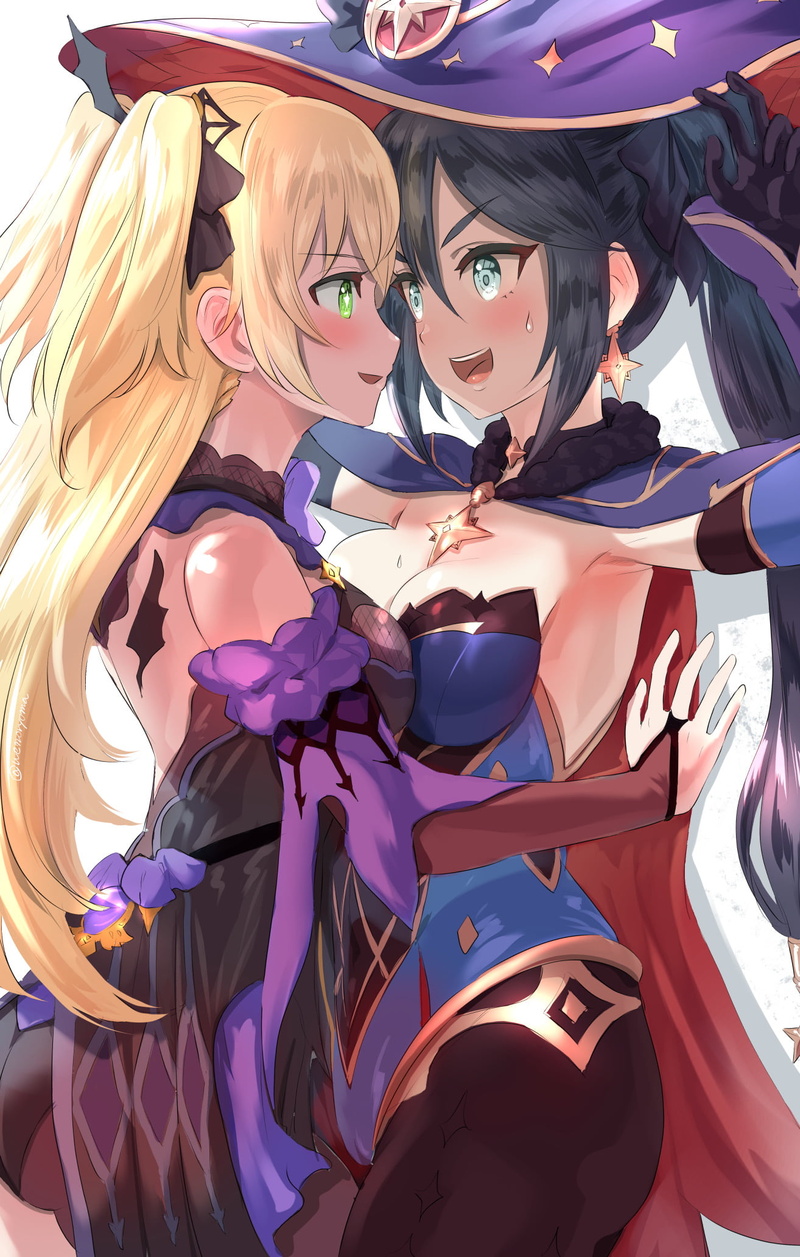 Genshin Impact, blonde, boobs on boobs, anime girls, 1080P, Mona (Genshin Impact), Fischl (Genshin Impact), cleavage
