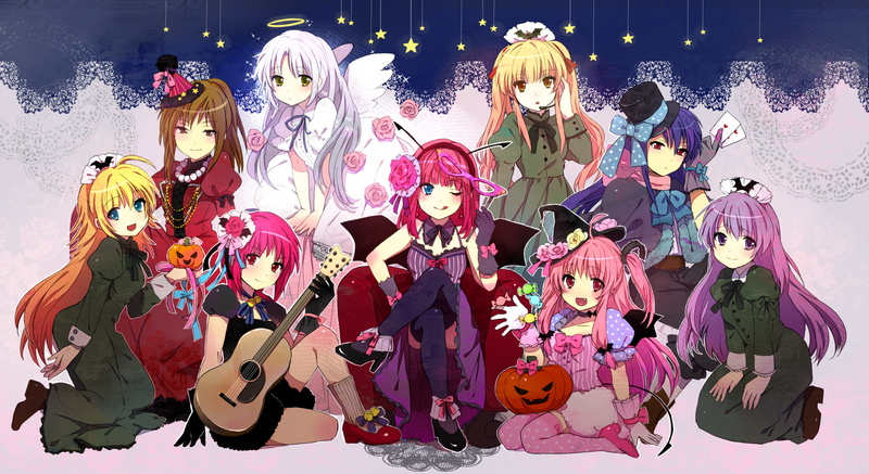 green, head, wings, angels, tachibana, highs, eyes, pink, hair, blondes, mouth, long, brown, beats, thigh, chairs, twintails, car, 2K, open, guitars, kanade