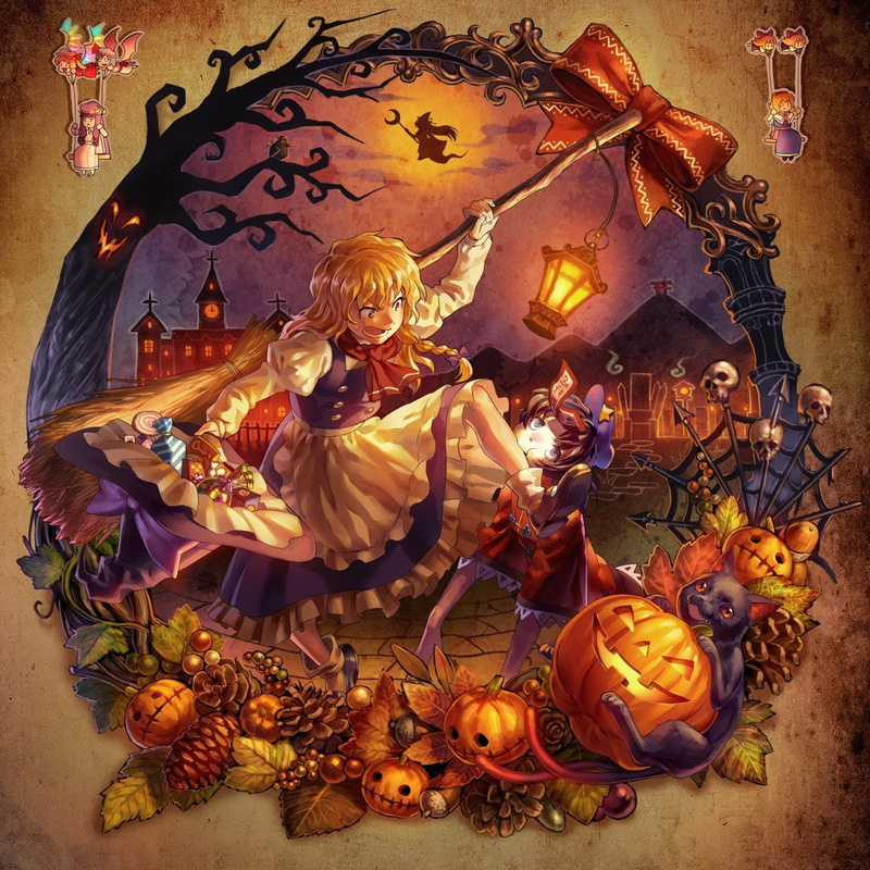 trees, video, torii, skulls, leaves, brooms, touhou, braids, undead, yellow, open, blondes, halloween, marisa, long, outdoors, zombies, buildings, 720P
