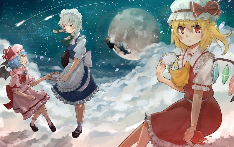 flying, dre, blush, clouds, maids, night, crystals, vampires, food, hair, blondes, wings, dress, scarlet, aprons, cirno, flandre, blue, fruits, sakuya