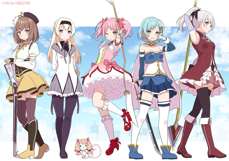 purple eyes, white hair, socks, blue eyes, green skirt, pink hair, anime girls, red dress, open mouth, clouds, blue hair, 720P, brunette, green eyes, sky