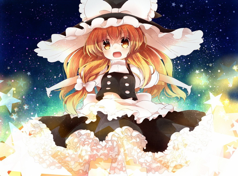 yellow, games, kirisame, mouth, dress, blondes, 720P, hats, touhou, long, girls, hair, anime, ribbons, marisa, eyes, stars, video, open