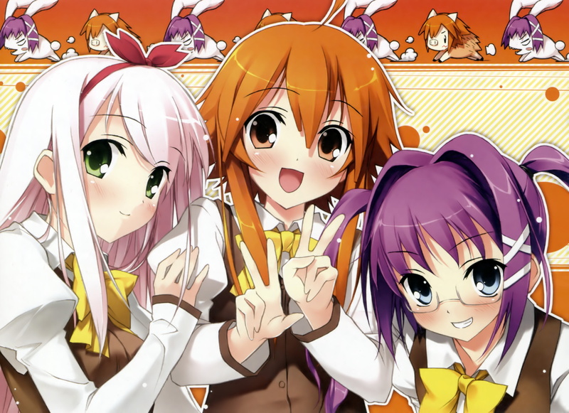 4K, shinkyoku, eyes, anime, long, purple, mouth, orange, uniforms, glasses, meganekko, schoolgirls, twintails, novels, band, pink, visual, games, video
