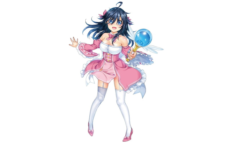 open mouth, artwork, hair ribbon, pink dress, series, dark hair, Wand, blue tint, anime, Netoge no Yome wa Onna no Ko Janai to Omotta?, manga, garter straps