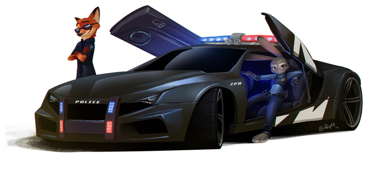 Nick Wilde, 1080P, Judy Hopps, Movie, Zootopia, Artistic, Police Car