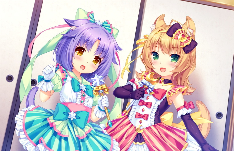 works, hair, neko, long, wand, 256755, eyes, 2girls, gloves, tail, bow, sayori, ribbons, catgirl, nekopara, game, konachan, short, 720P, com, blush, green