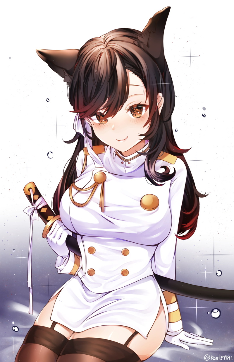 Atago (Azur Lane), 1080P, uniform, stockings, thigh-highs, sword, white  background, Bilan Hangxian, animal ears, dress