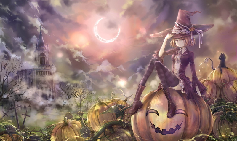 pumpkin, Halloween, anime girls, witch, Moon, 2K, anime, blonde, clouds, castle, hat, thigh-highs, cat