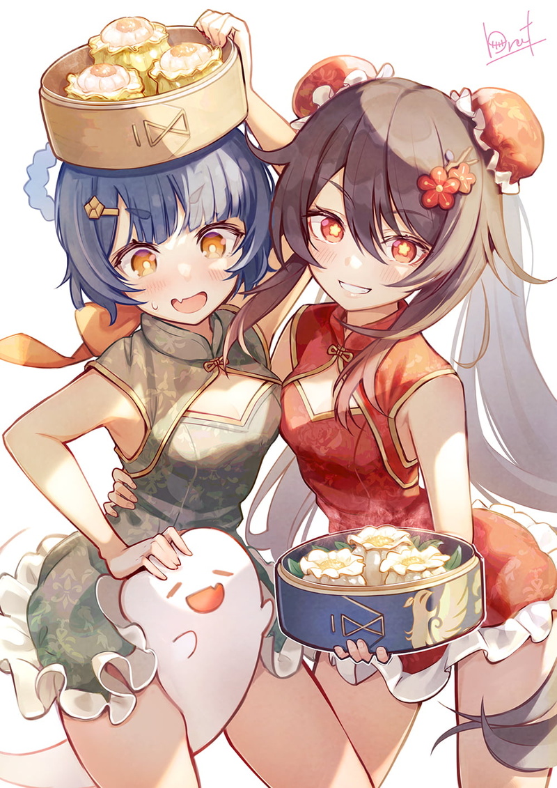 anime girls, chinese food, Xiangling (Genshin Impact), Chinese dress, Genshin Impact, Hutao(Genshin Impact), 720P