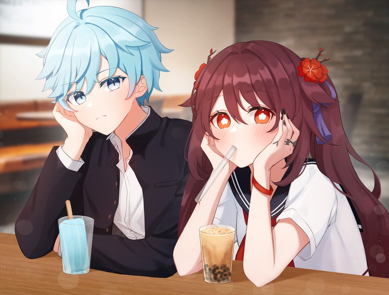Hutao(Genshin Impact), school uniform, anime girls, Genshin Impact, Chongyun(Genshin Impact), 2K
