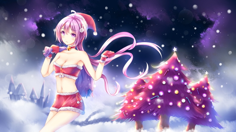 Choker, christmas, tree, Purple Eyes, bell, 1080P, gloves, hat, Wsman, snow, Long Hair, Costume, original, hair, Breasts, Santa, cleavage, Purple