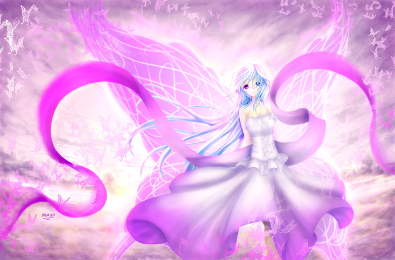 2K, dress, blue, purple, original, wings, hair, eyes, butterfly, maoh