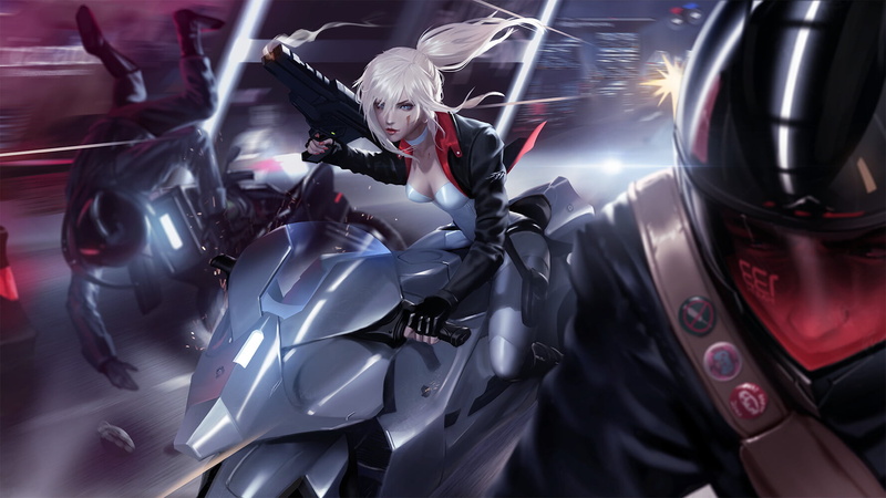 blonde, digital art, motorcycle, 720P, raikoart, ponytail, gun, artwork, women