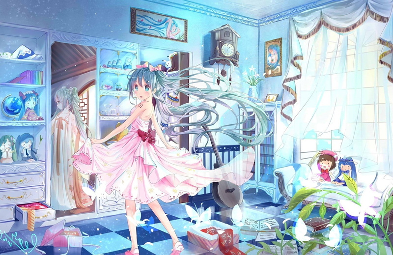 long hair, blue hair, Vocaloid, mirror, anime, 720P, blue eyes, anime girls, Yuki Miku, Kinomoto Sakura, Hatsune Miku, Card Captor Sakura, doll