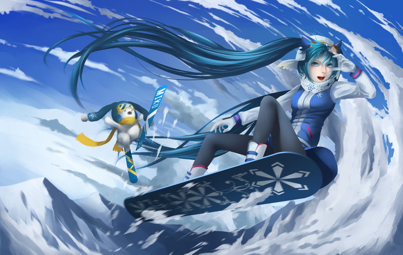 Vocaloid, 5K, snowboards, anime, Hatsune Miku, anime girls, Yuki Miku