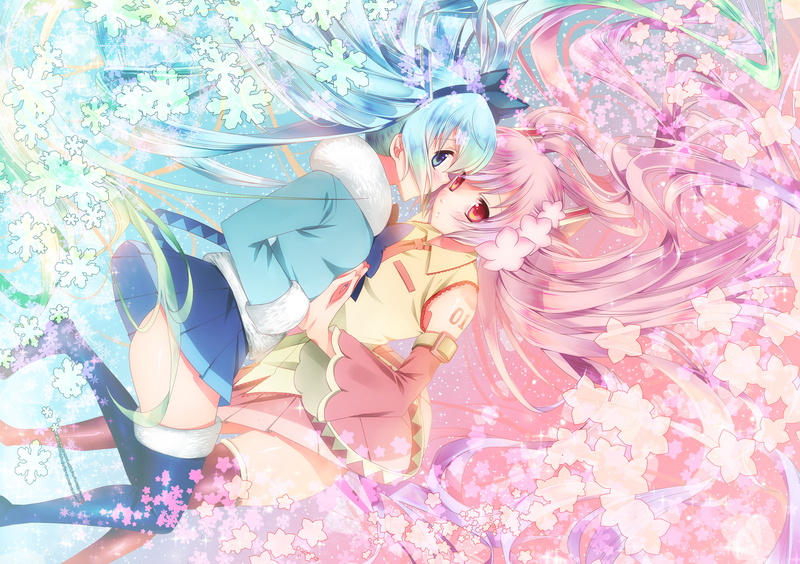 anime, yuki miku, sakura, art, girls, snowflakes, vocaloid, mike, flowers, Sakura, 4K