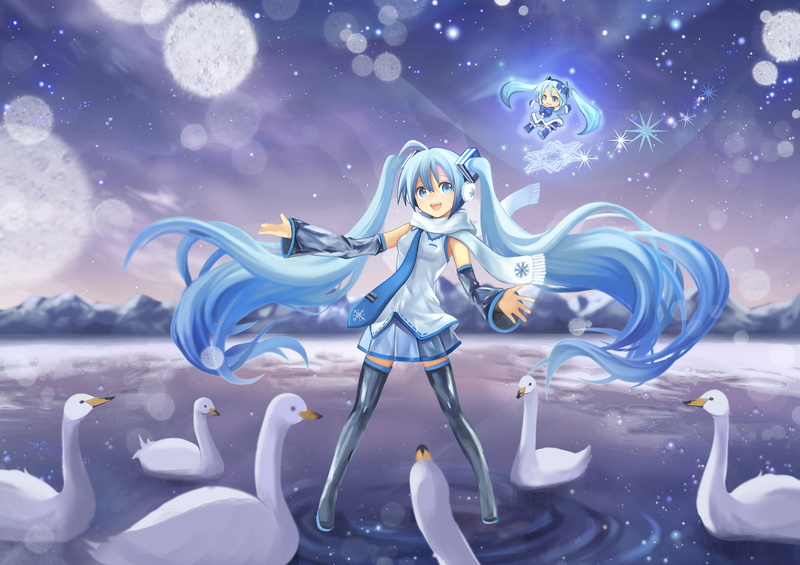 vocaloid, illustration, no people, backgrounds, hair, haired, creativity, night, snow, cold temperature, multi colored, digital, yuki miku, vector, star - Space