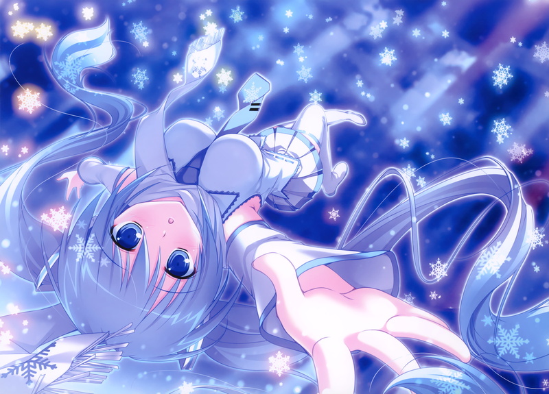 pink, thighhighs, twintails, snow, winter, vocaloid, yuki, hair, miku, eyes, chuchu, mikeou, long, scarf, blue, hatsune, 2K, tie