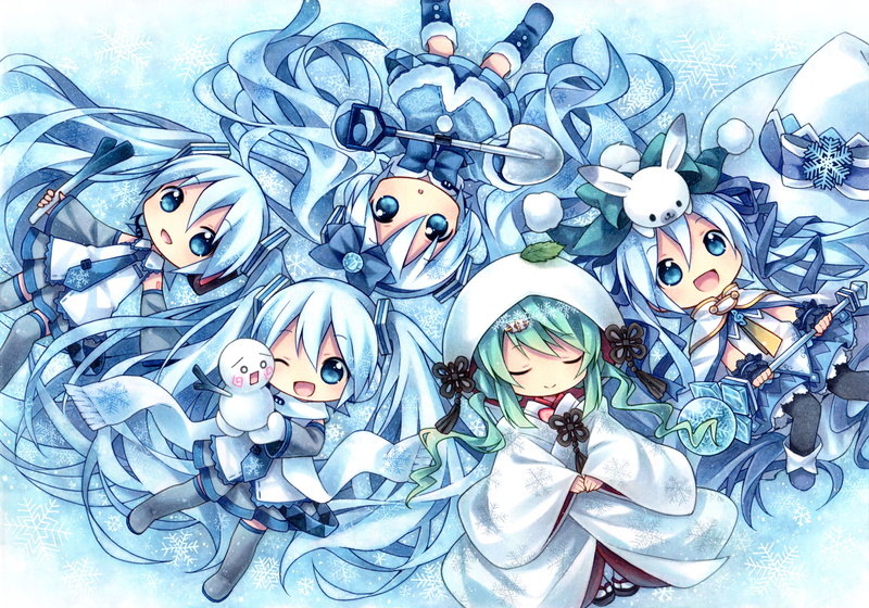 miku, hatsune, staff, skirt, scarf, leo, thighhighs, 4K, hair, blue, kagami, twintails, bunny, eyes, winter, snowman, vocaloid, yuki, wink