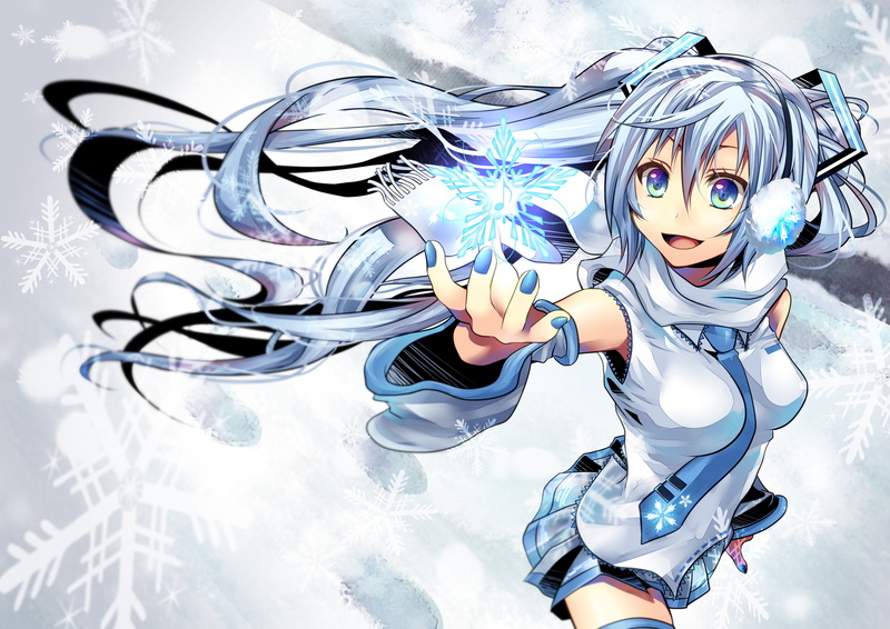 sleeves, detached, ornaments, winter, girls, tie, hatsune, aqua, thigh, bare, blue, mouth, scarfs, anime, vocaloid, polish, highs, nail, fanmade, twintails