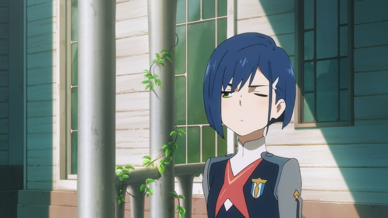 wall - building feature, glass - material, Darling in the FranXX, circle, outdoors, one person, blue hair, architecture, geometric shape, Ichigo (Darling in the FranXX)