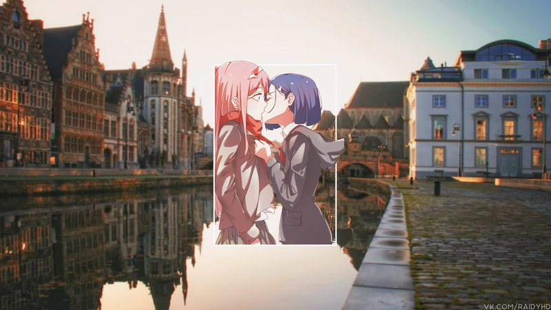 kissing, sky, building, adult, Darling in the FranXX, outdoors, anime girls, standing, city, Ichigo (Darling in the FranXX), women, anime, 4K, bonding