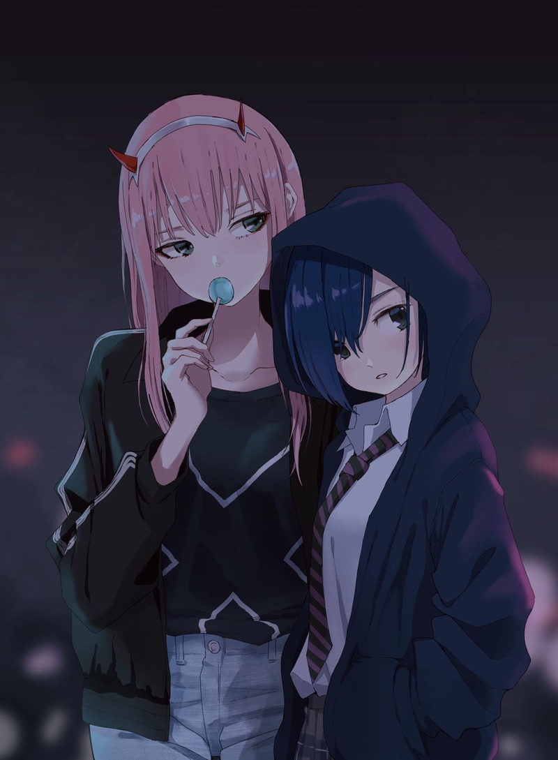 Zero Two (Darling in the FranXX), 720P, pink hair, night, blue hair, Ichigo (Darling in the FranXX), Black clothes