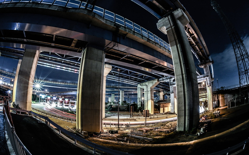 hd, lights, cityscape, fisheye, night, overpass, columns, 1080P