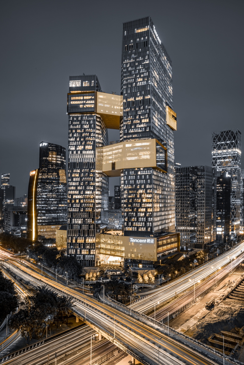 urban, intersection, overpass, architecture, 大厦, cityscape, downtown, lighted, nighttime, high rise, high angle view, track, metropolis, town, no people