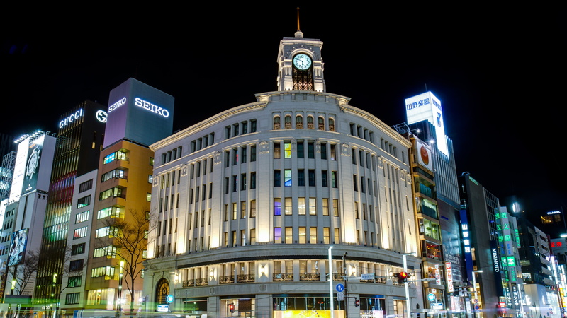 urban, street, building, store, facade, metropolitan, japan, tokyo, wako, metropolis, downtown, night, ginza, long-exposure photography, 5K, asia