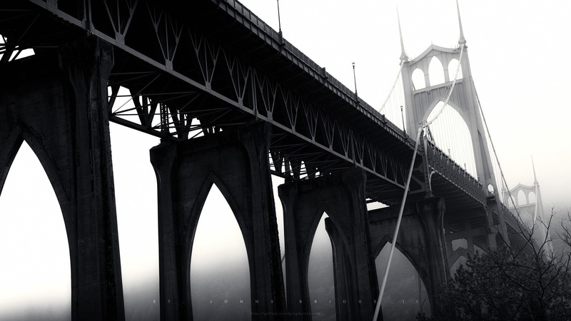 1080P, bridge, Portland, monochrome, St. Johns Bridge, Oregon, USA, architecture