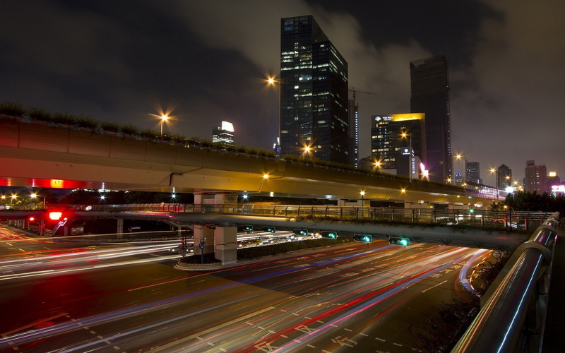 financial district, blurred motion, bridge, night, light trail, skyscraper, 1080P, office building exterior, city, transportation, nature, outdoors, illuminated