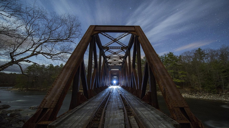 train, wood - material, trees, scenics - nature, astronomy, bridge, railroad track, long exposure, no people, bridge - man made structure, space, lights