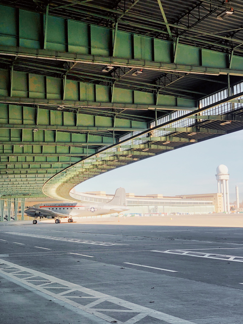 sign, way, airplane, day, marking, vehicle, travel destinations, road, airport, building, 4K, tempelhof, direction, germany, architecture, outdoors, overpass