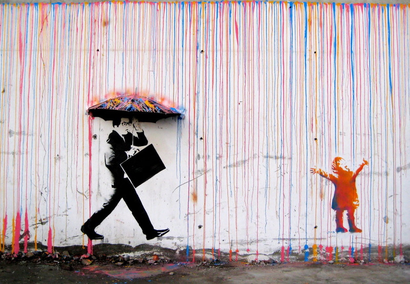 casual clothing, umbrella, wall, mid-air, two people, real people, nature, lifestyles, leisure activity, man, art and craft, childhood, wall - building feature