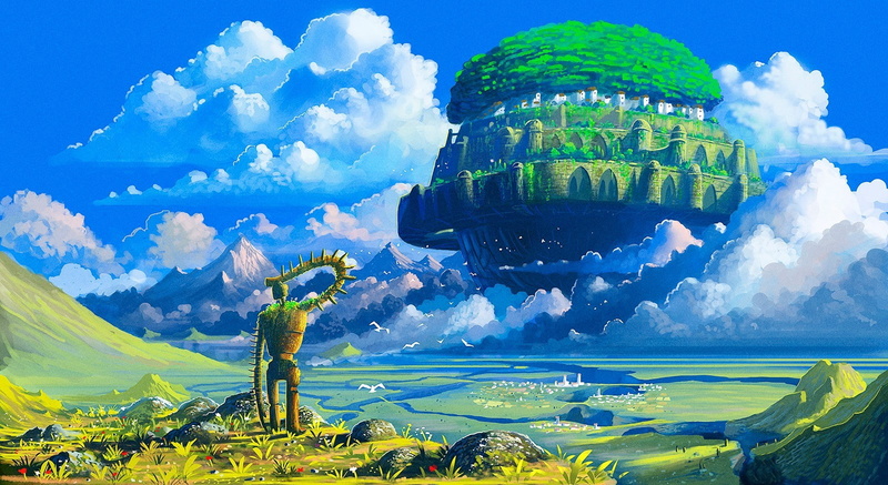 beauty in nature, landscape, travel, travel destinations, mountain range, sea, no people, digital composite, cloud - sky, studio ghibli castle in the sky robot anime floating island