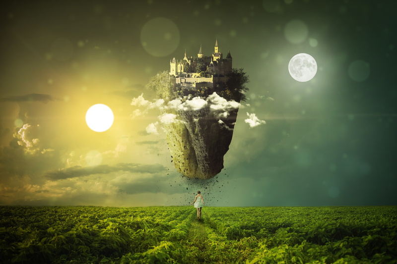 Landscape, Floating castle, 4K, 5K, Moon, Dream, Sun, Woman, Girl, Equinox
